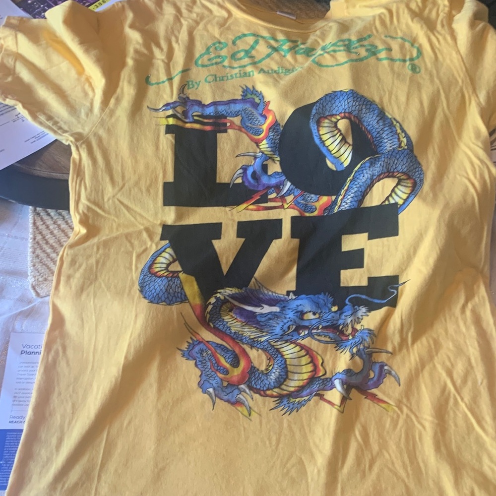 Ed Hardy Yellow Tee with Dragon and LOVE Graphic Vintage